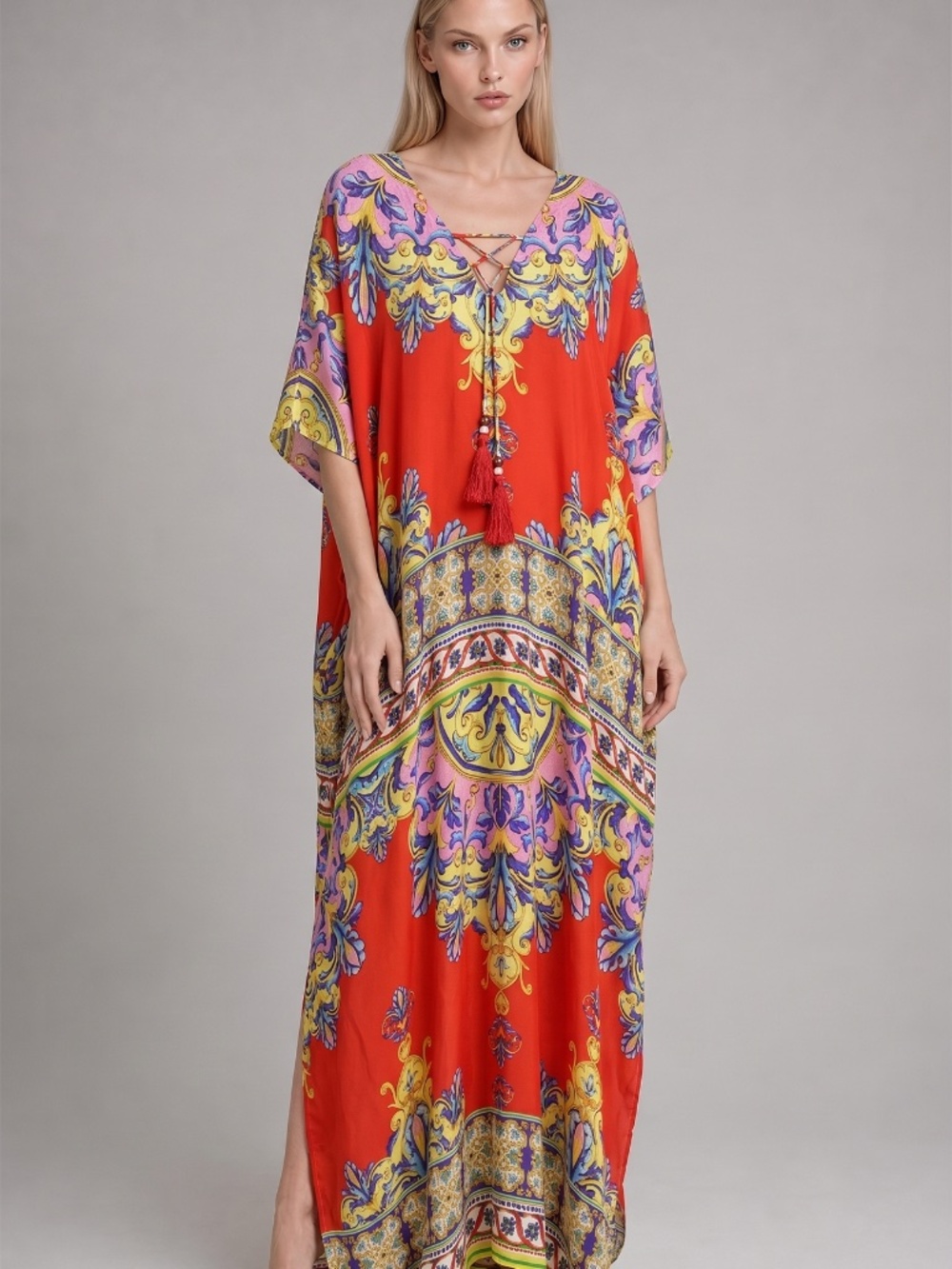 Shahida Red Orange Boho Kaftan Maxi Dress Resort Vacation Caftan Paisley Print